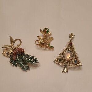 Vintage Christmas Brooch Pins Lot of 3